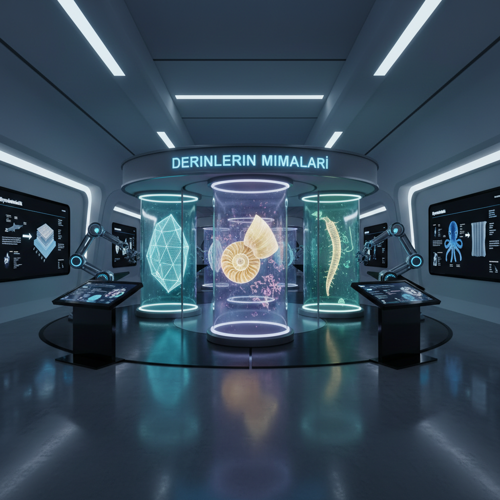 2026 Florya Akvaryum'da 'Derinlerin Mimarları' sergisinden bir görsel: Denizatı iskeleti ve biyomühendislik temalı bir robot balık, su altı yaşamının mühendislik harikalarını vurguluyor. Florya Akvaryum biyomühendislik konusuna odaklanmış.