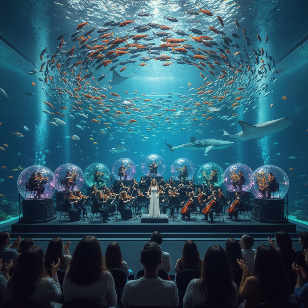 A vibrant underwater scene at Florya Akvaryum 2026, showcasing a floating island concept with exotic marine life, corals, and divers exploring the new attraction area.