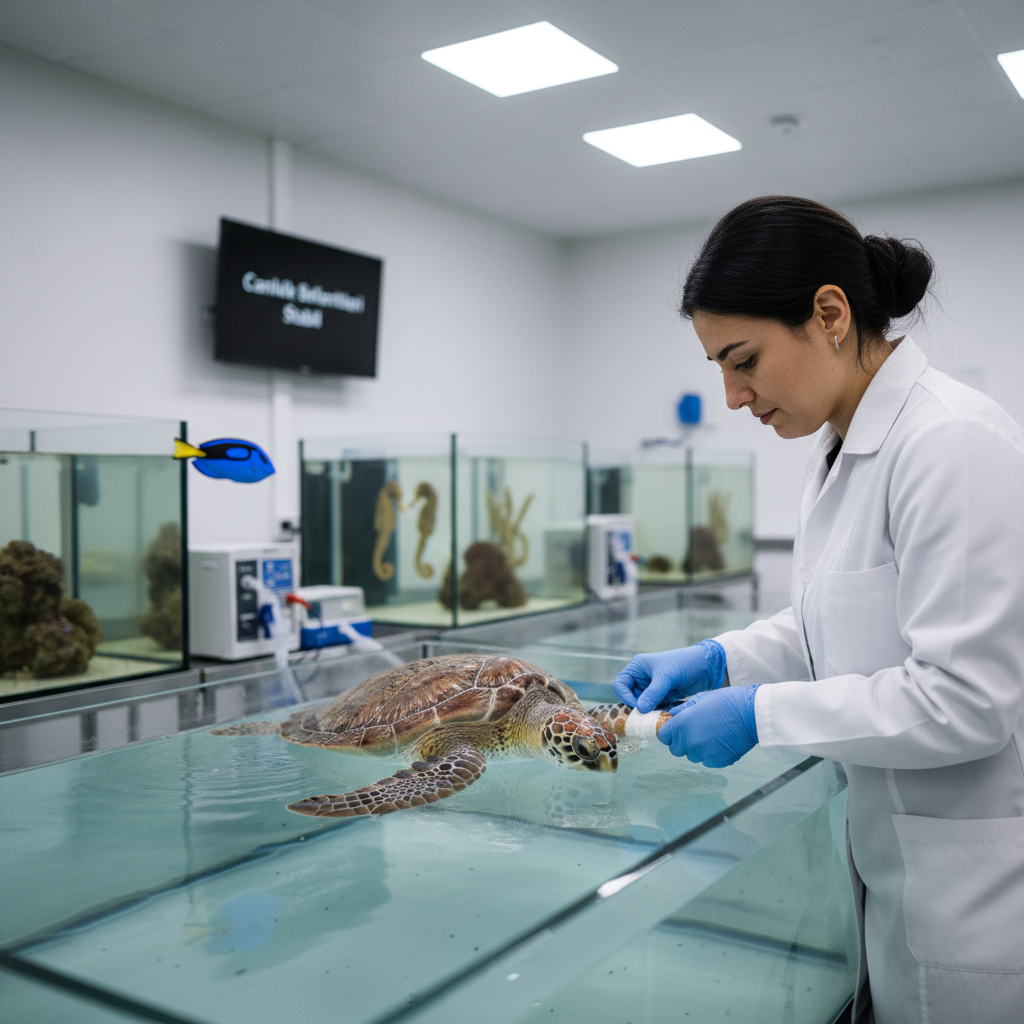 A vibrant digital rendering of the 2026 Florya Aquarium entrance, showcasing a sleek, modern design with an emphasis on marine conservation. The image highlights the 'Underwater Magic' exhibit and a dedicated 'Wildlife Rehabilitation Center' logo, featuring a healed sea turtle. The focus is on the aquarium's commitment to rehabilitation and the captivating underwater experience for visitors in 2026.