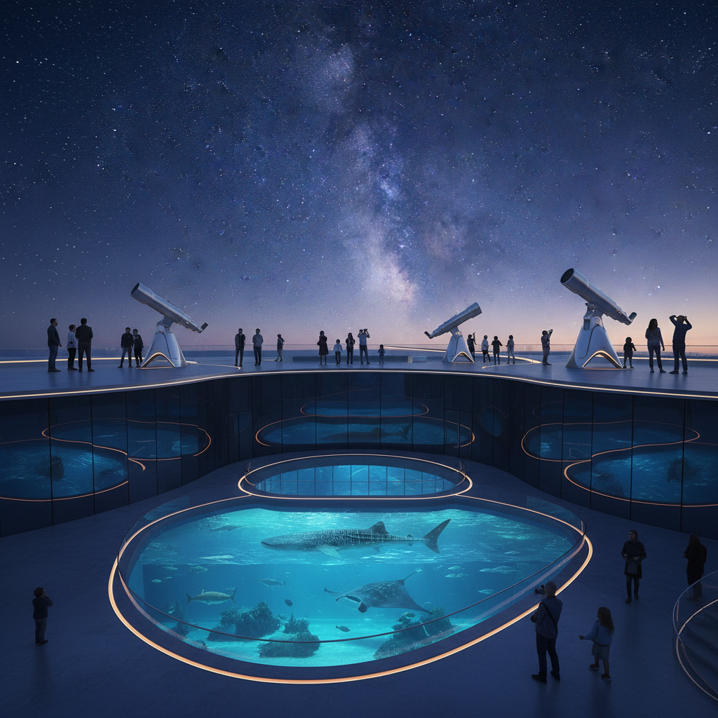 2026 Florya Akvaryum terasından, deniz canlılarıyla dolu akvaryumun üzerinde parlayan yıldızlar ve gökyüzü, astronomik gözlemler için ideal bir ortam sunarken, 'Suyun Ötesindeki Gökyüzü' temasıyla akvaryum ve evrenin birleşimi.