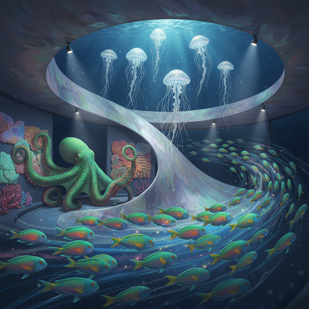 Exhibition poster for 'Denizin Ressamları' at Florya Akvaryum in 2026, showcasing vibrant marine life as natural art and creative designs, with the exhibition title prominently displayed.