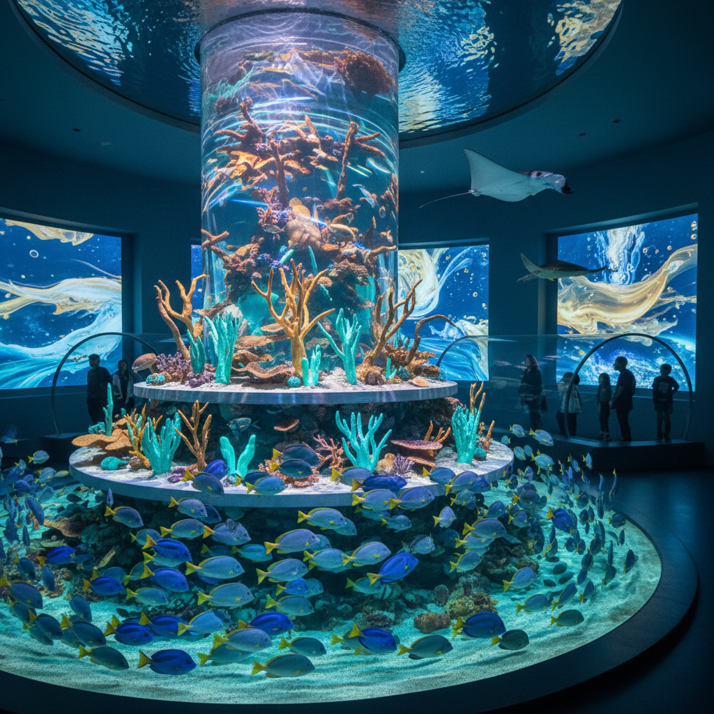 Stunning artistic installation within Florya Akvaryum in 2026, showcasing vibrant marine life alongside creative design elements, inspiring visitors with a unique blend of nature and art.