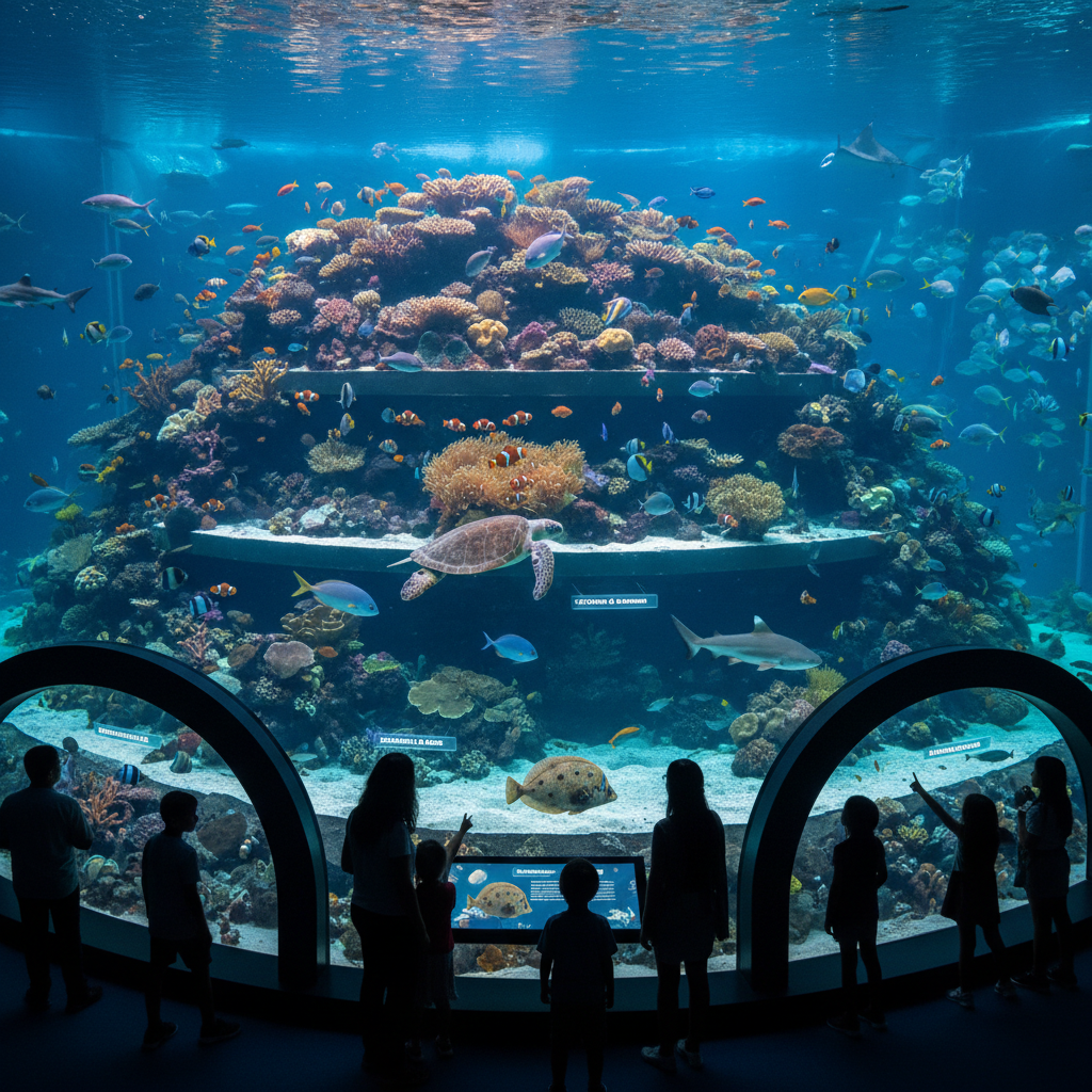 A vibrant digital illustration showcasing diverse marine life, from colorful fish to coral reefs, adapted for a 2026 Florya Akvaryum exhibit. The focus is on the evolutionary 'home' and adaptation stories of marine species, featuring elements like flowing water and bioluminescence. The overall theme aligns with 'Florya Akvaryum evrim' (Florya Aquarium evolution) concepts.