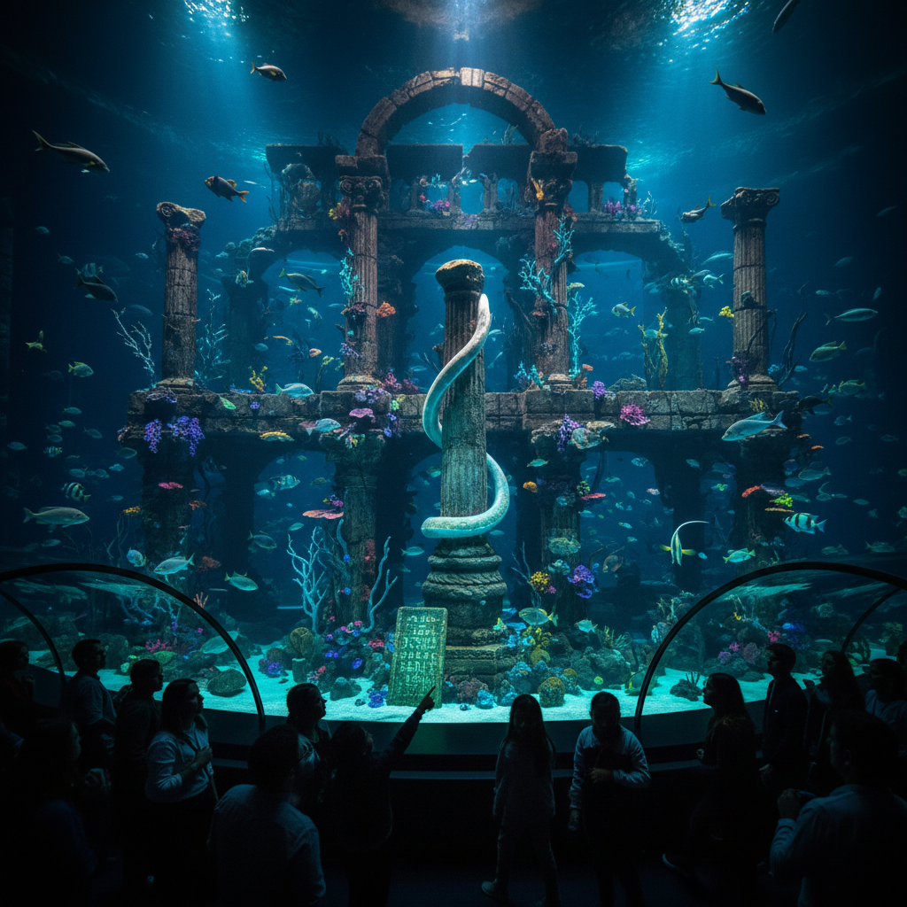 2026 Florya Akvaryum'da deniz altı şehir efsanelerini keşfeden gizemli deniz canlıları, balıklar ve antik batıklar arasında bir hazine avının heyecanını yansıtan fantastik bir görüntü.