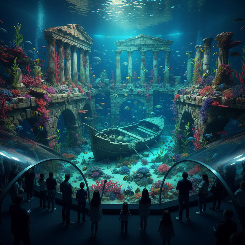 Stunning underwater ancient ruins and sunken civilizations showcased at the 2026 Florya Aquarium, highlighting the magic and historical mystique of the deep sea. Focus: Florya Aquarium underwater history.