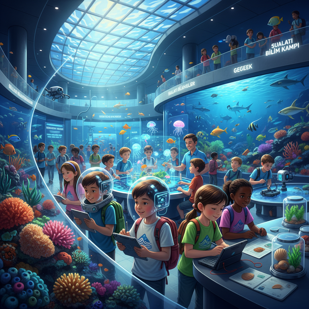 2026 Florya Akvaryum'da gelecek nesillere yönelik sualtı eğitimi ve bilim kampı. Çocuklar deniz canlılarını inceliyor, Florya Akvaryum eğitim kampı ile yeni bilgiler ediniyor.