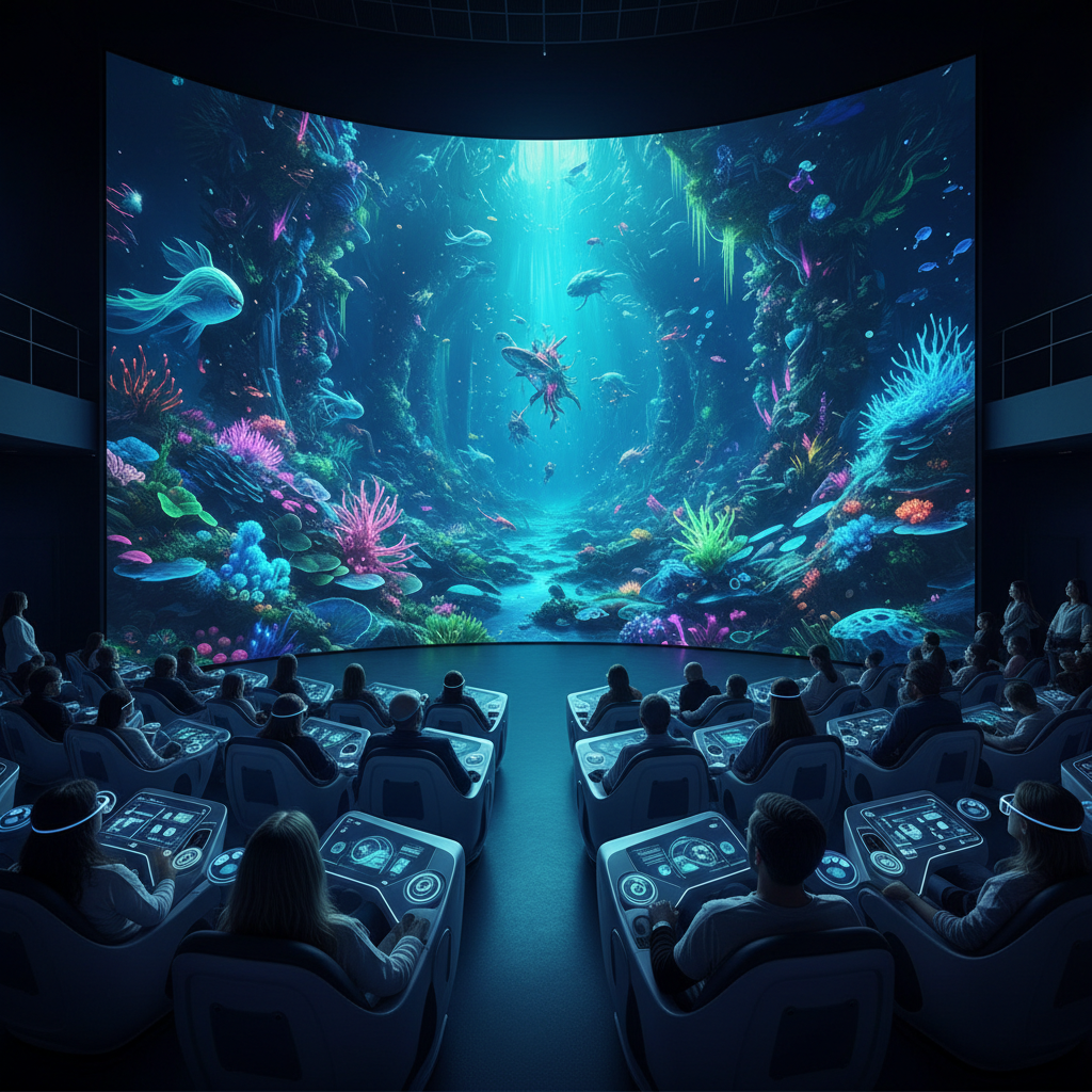 A family immersed in the 'Florya Akvaryum interactive documentary' experience in 2026, viewing vibrant marine life projections in an underwater cinema setting, blending virtual reality and educational content.