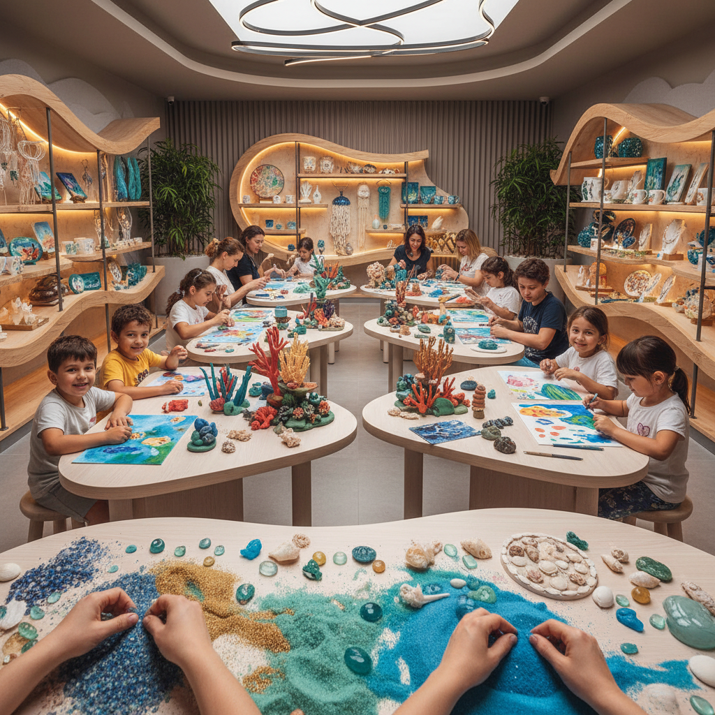 2026 Florya Akvaryum'da deniz altı temalı el sanatları atölyesinde, akvaryumun sunduğu benzersiz el yapımı hediyelik eşya çeşitliliğini ve ziyaretçilerin kendi sanat eserlerini oluşturduğunu gösteren bir görsel.