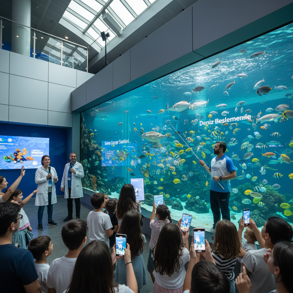 2026 Florya Akvaryum'da sualtı tünelinden canlı yayınla yapılan deniz canlıları beslemeleri ve bilim insanlarıyla soru-cevap etkinliği, Florya Akvaryum canlı besleme.