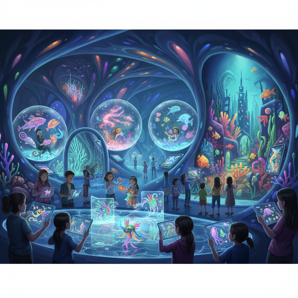 2026 Florya Akvaryum'da deniz altı yaratıcılık atölyeleri etkinliğine katılan, renkli deniz canlılarından ilham alarak resim yapan çocuklar. florya akvaryum yaratıcılık atölyeleri