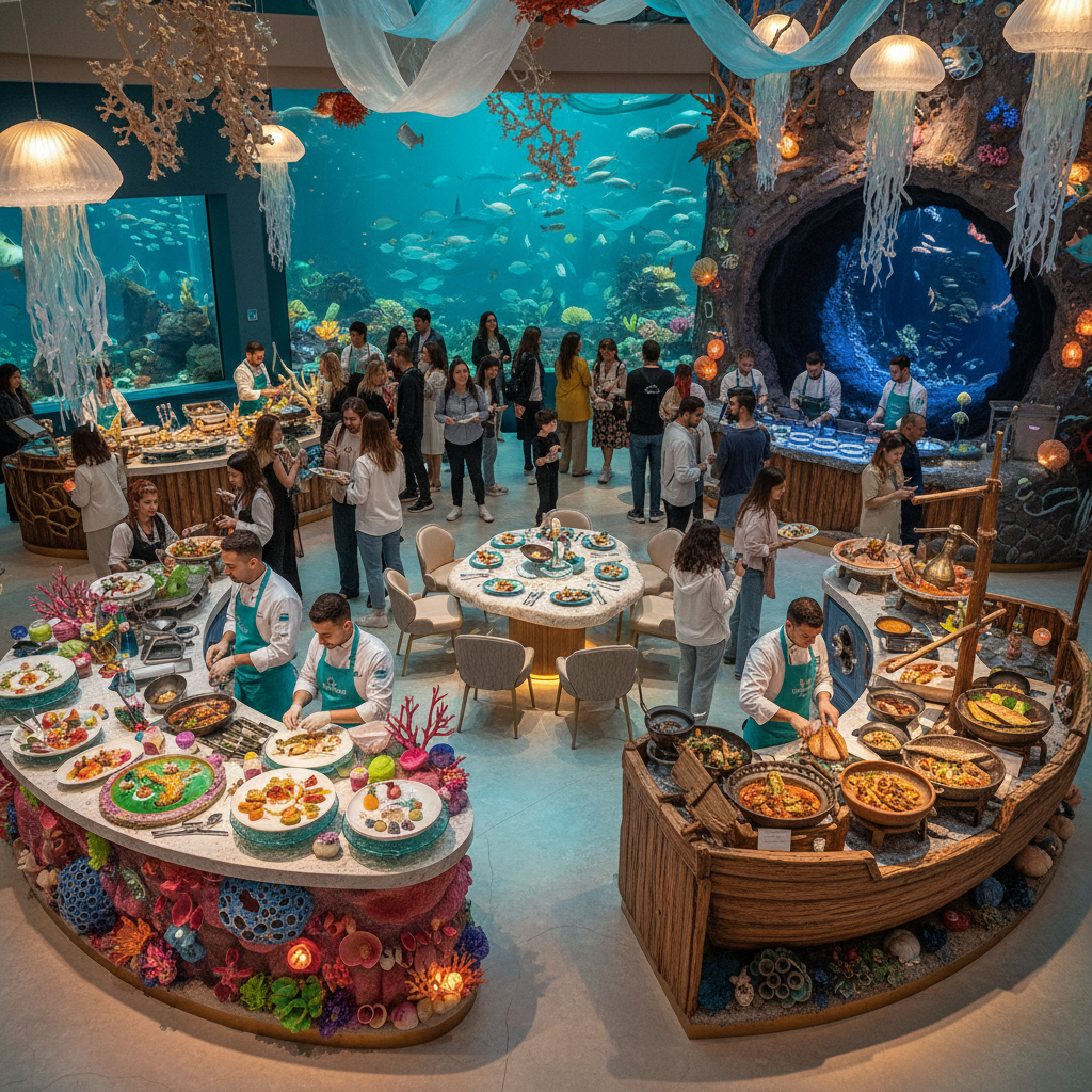 A delectable spread of seafood dishes and themed culinary delights, showcasing the special gastronomy experiences at the 2026 Florya Aquarium's Underwater Festival, with a focus on Florya Akvaryum gastronomy.