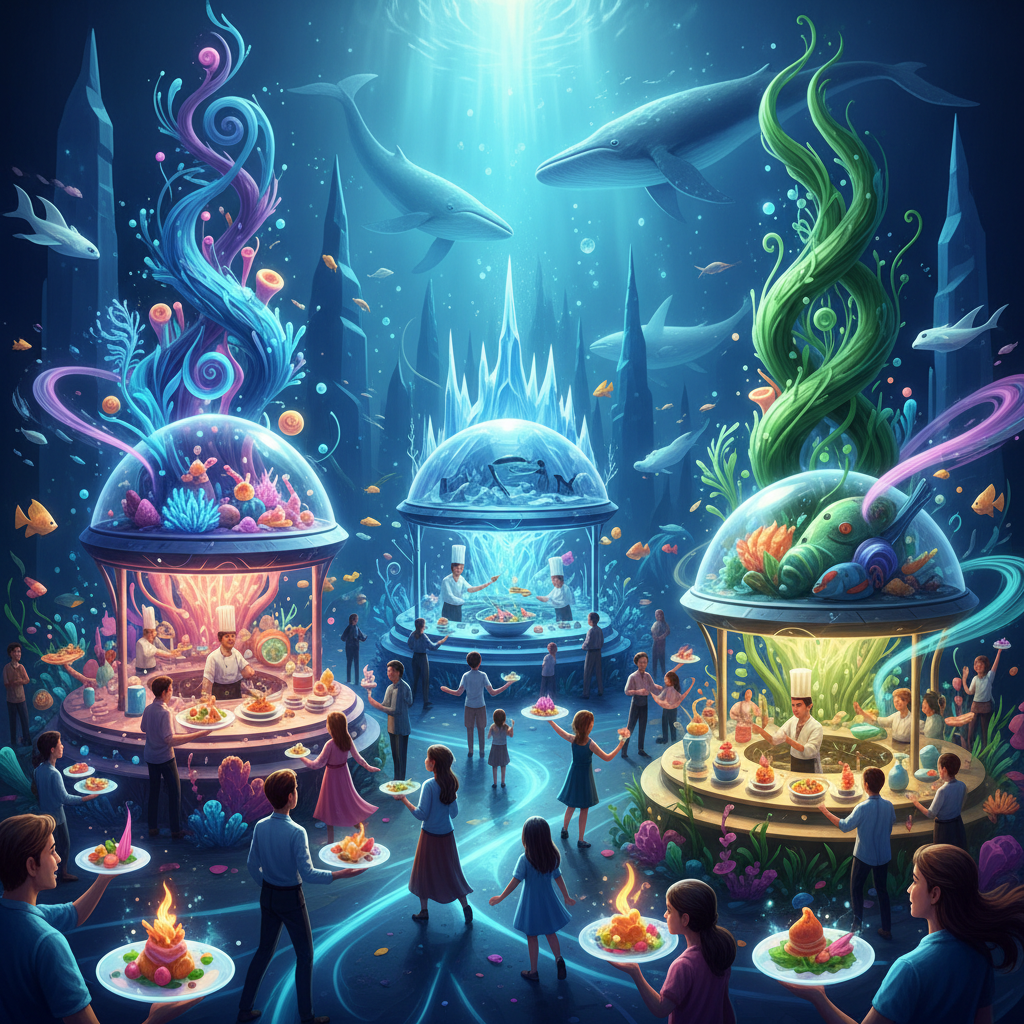 Families and couples enjoy diverse culinary offerings at the Florya Akvaryum's 'Magic of the Underwater' event in 2026, showcasing a global taste journey with various food stalls and restaurants, highlighting the gastronomic experience.