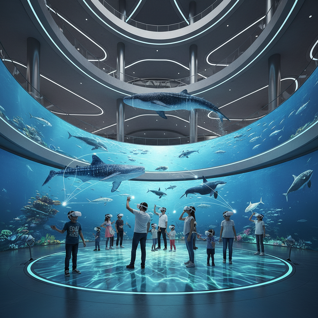 2026 Florya Akvaryum'da küresel deniz canlılarının göç rotalarını gösteren, sanal gerçeklik (VR) navigasyon deneyimi sunan etkileyici bir görüntü. Fokus: Florya Akvaryum göç yolları VR.