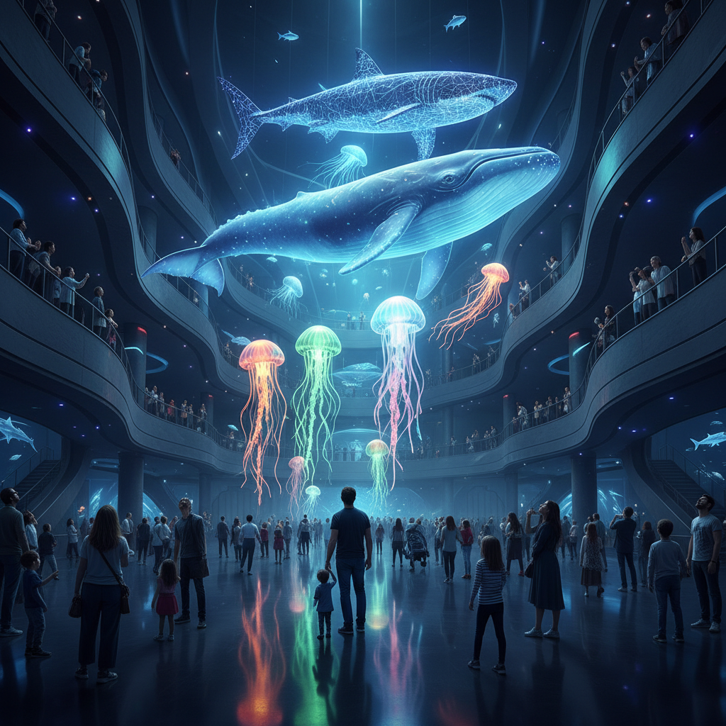 2026 Florya Akvaryum'da gerçek boyutlu holografik deniz canlıları sergisi. Ziyaretçiler sanal gerçeklik gözlüğü olmadan deniz altı dünyasının büyüsünü deneyimliyor. Odak anahtar kelime: Florya Akvaryum holografik sergi.