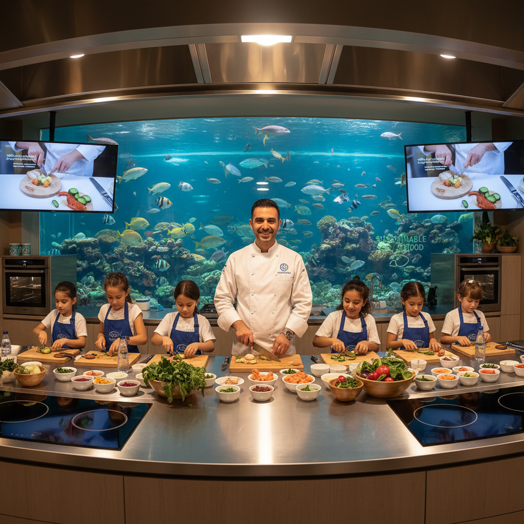 2026 Florya Akvaryum'da su altı şefleri mutfak atölyeleri. Çocuklar ve yetişkinler için deniz ürünleriyle lezzet yolculuğu temalı eğitici eğlenceli etkinlik, denizden taze sofraya yemek yapımı.