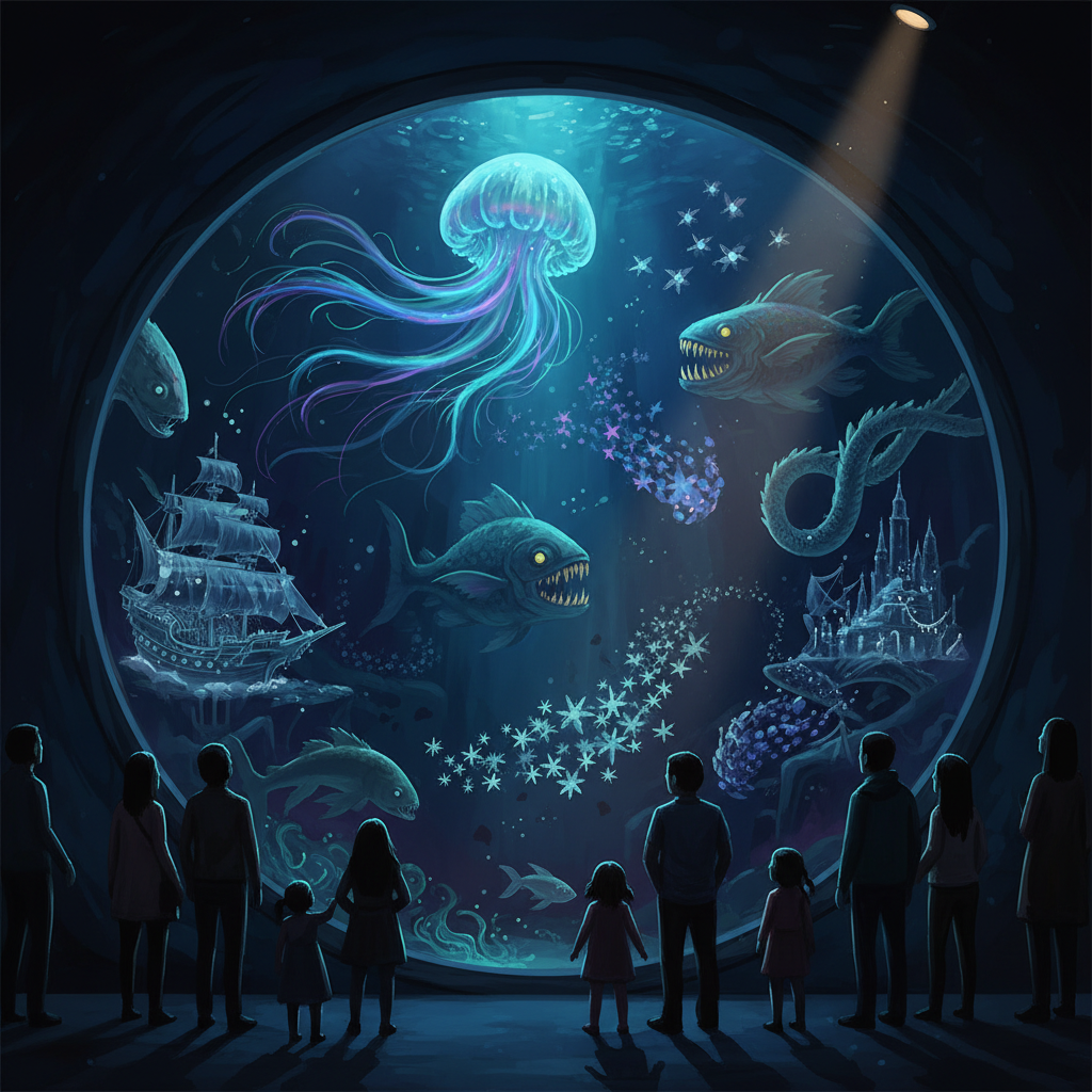 2026 Florya Akvaryum'da 'Gizemli Yaratıklar Gecesi' etkinliğinde çocuklar ve yetişkinler, deniz canlıları ve efsanevi hikayeler eşliğinde büyülü bir gece deneyimi yaşıyor. Florya Akvaryum gece deneyimi.