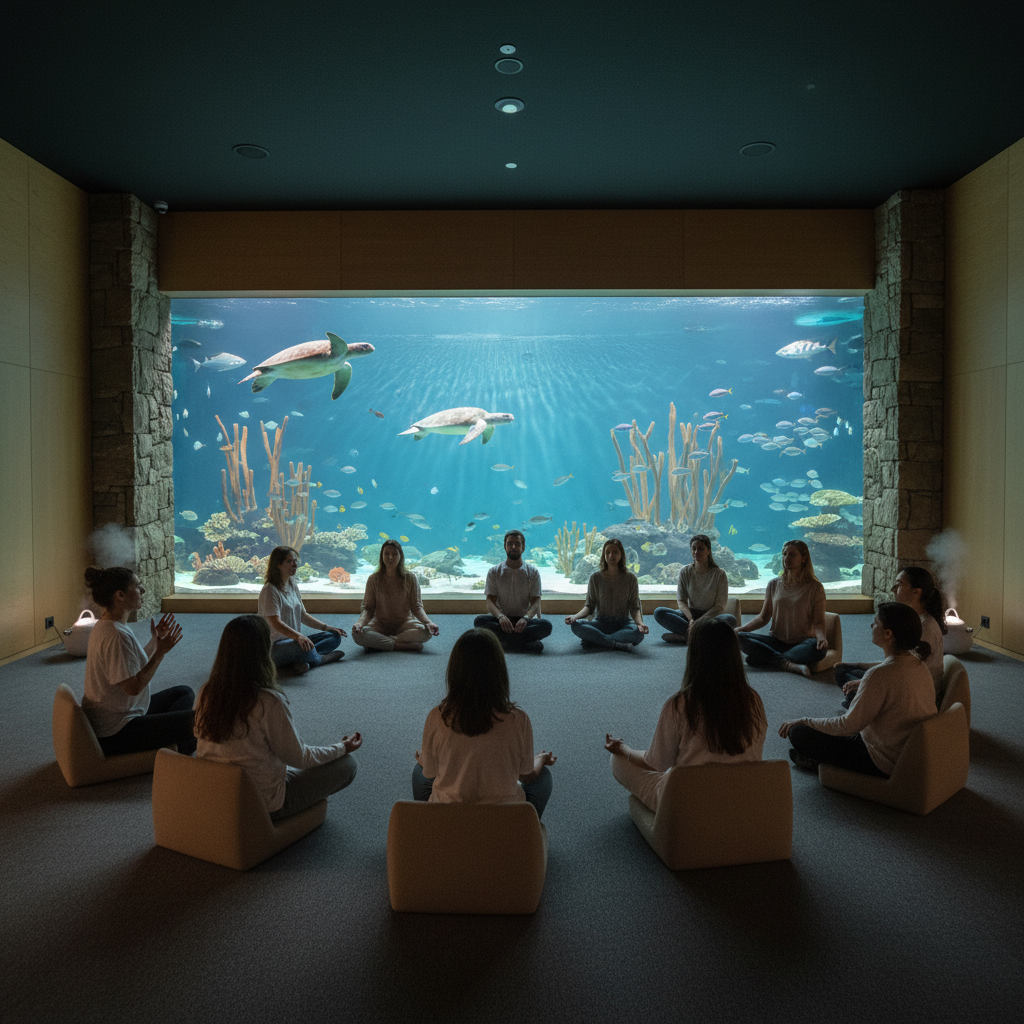 2026 Florya Akvaryum'da sualtı dünyası temalı dingin bir meditasyon seansı, sakinleşen ziyaretçiler ve 'Derinlerin Sessizliği' atölyeleriyle bilinçli farkındalık pratiği.
