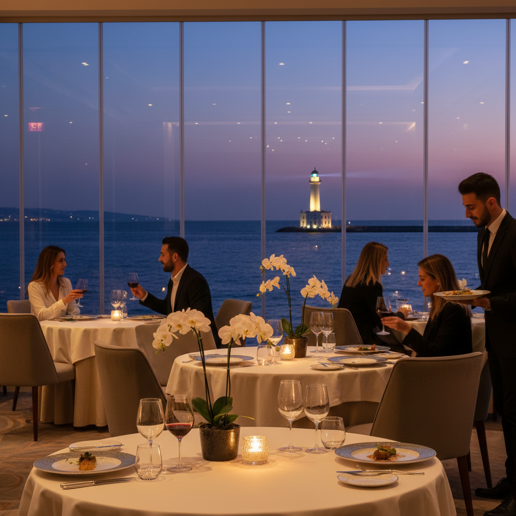 2026 Florya Akvaryum'da deniz feneri manzaralı şarap ve gurme deneyimi, romantik akşam yemeği anları, özel ziyafetler.