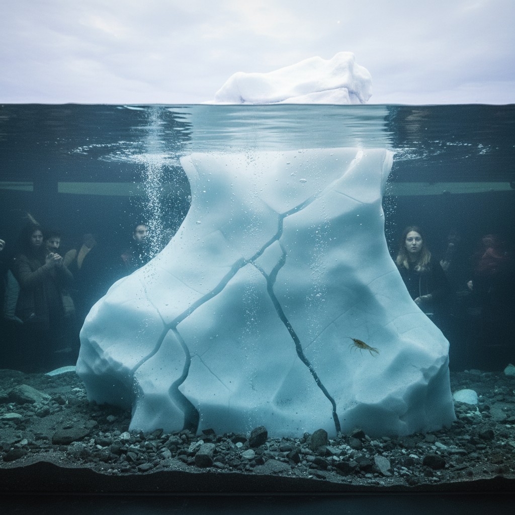 2026 Florya Akvaryum'da iklim değişikliği ve eriyen Antarktika buzullarını gösteren sergi. Deniz altının büyüleyici dünyası, buzdağları ve deniz canlıları.