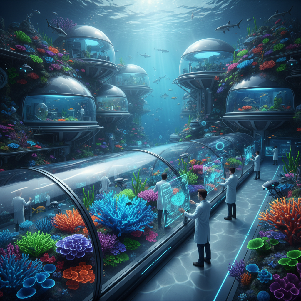 2026 Florya Akvaryum'da, canlı mercan resifleri arasında yüzen rengarenk balıklar ve iklim direncini araştıran son teknoloji deniz altı laboratuvarı cihazları.