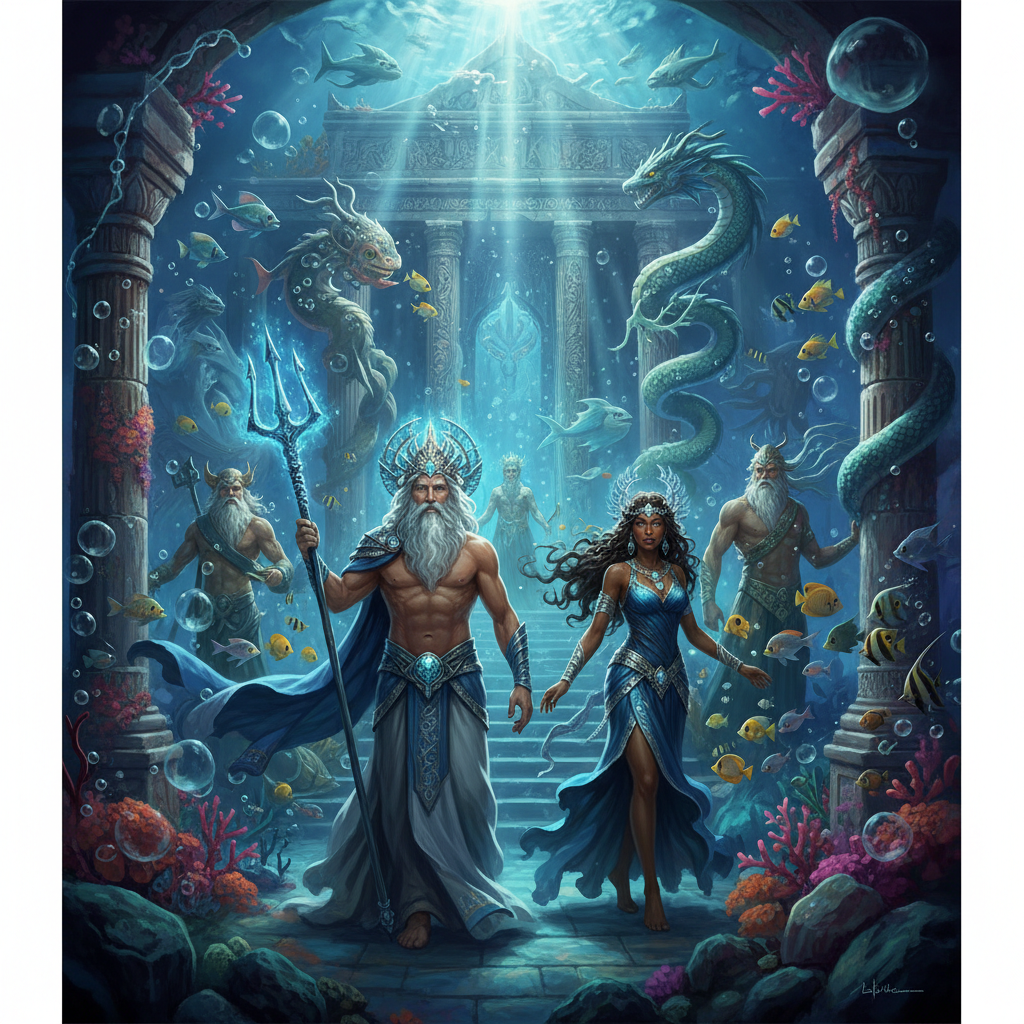 2026 Florya Akvaryum'da deniz altı canlıları ve dünya mitolojilerinden sualtı tanrı heykelleri sergisi. Florya Akvaryum mitoloji odaklı görsel.