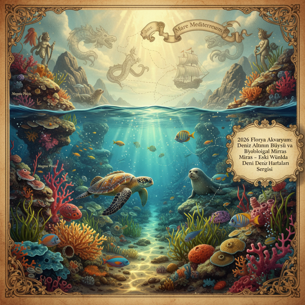 2026 Florya Akvaryum'da sergilenen eski dünya deniz haritaları ve deniz canlıları, biyolojik zenginliği vurguluyor.