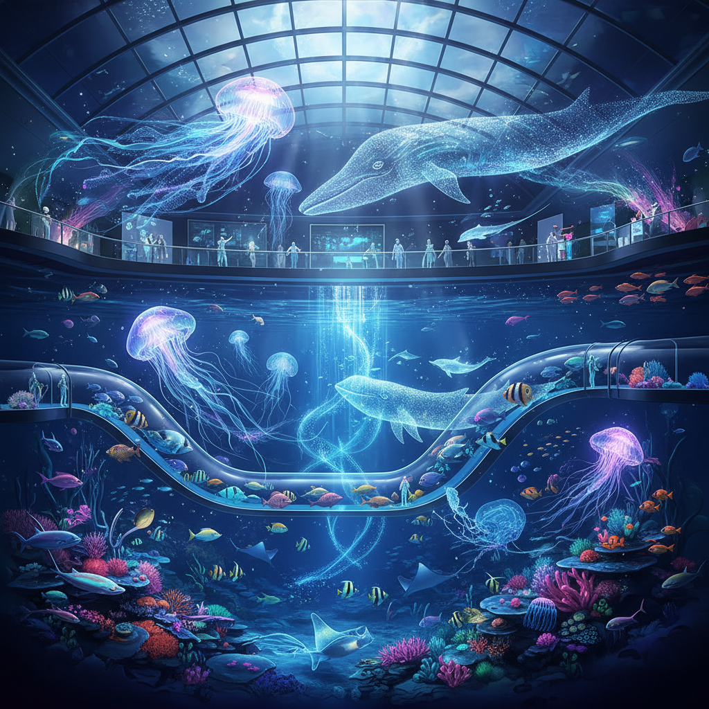 2026 Florya Akvaryum'da denizaltı dünyasının fütüristik dijital sanatla bütünleştiği büyüleyici bir görsel. Teknoloji ve sualtı yaşamının birleşimi.