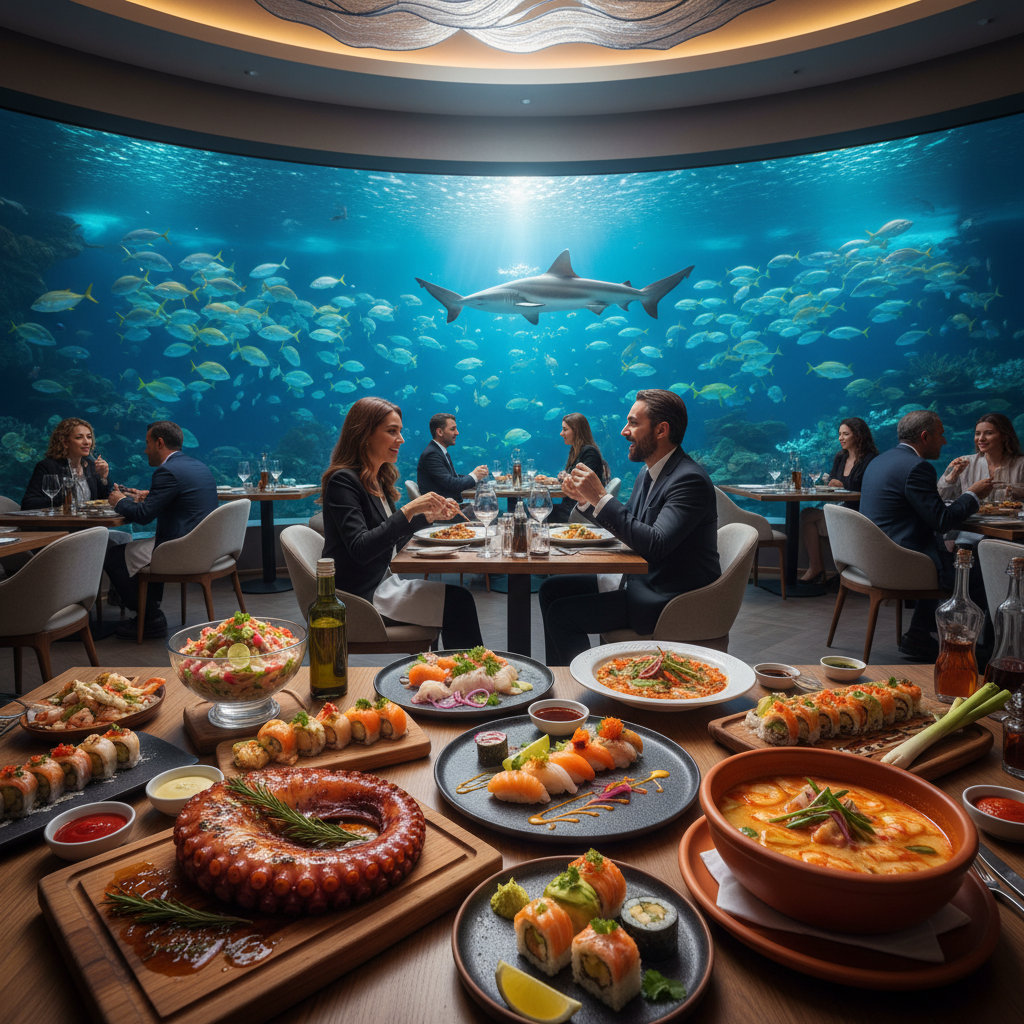 A diverse culinary experience at Florya Aquarium in 2026, showcasing gourmet dishes and fresh seafood flavors from around the world amidst an oceanic backdrop, emphasizing Florya Akvaryum gastronomy.