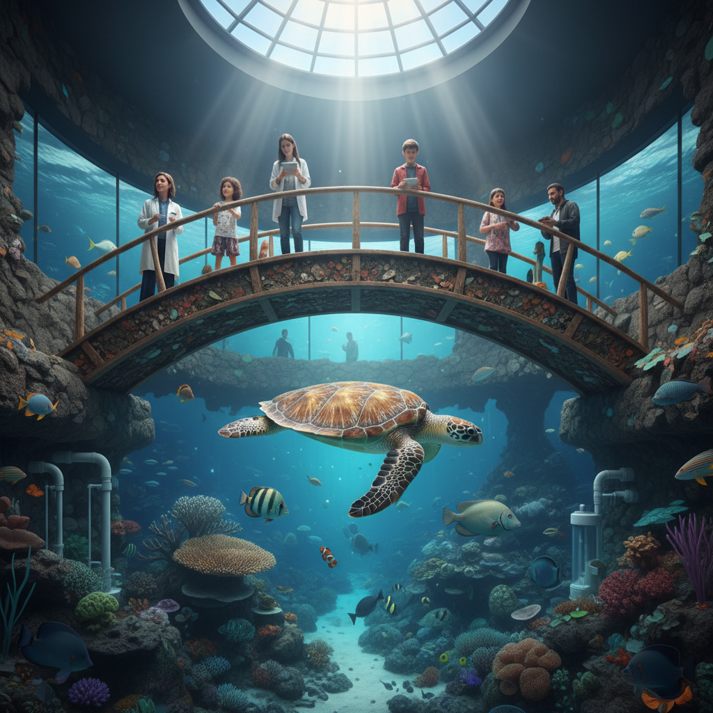 Detailed view of the 'Bridge of Hope' project at Florya Akvaryum in 2026, showcasing endangered marine life conservation efforts with a focus on educational exhibits and interactive displays. The image highlights the aquarium's commitment to protecting vulnerable ocean species through dedicated Florya Akvaryum koruma programları.