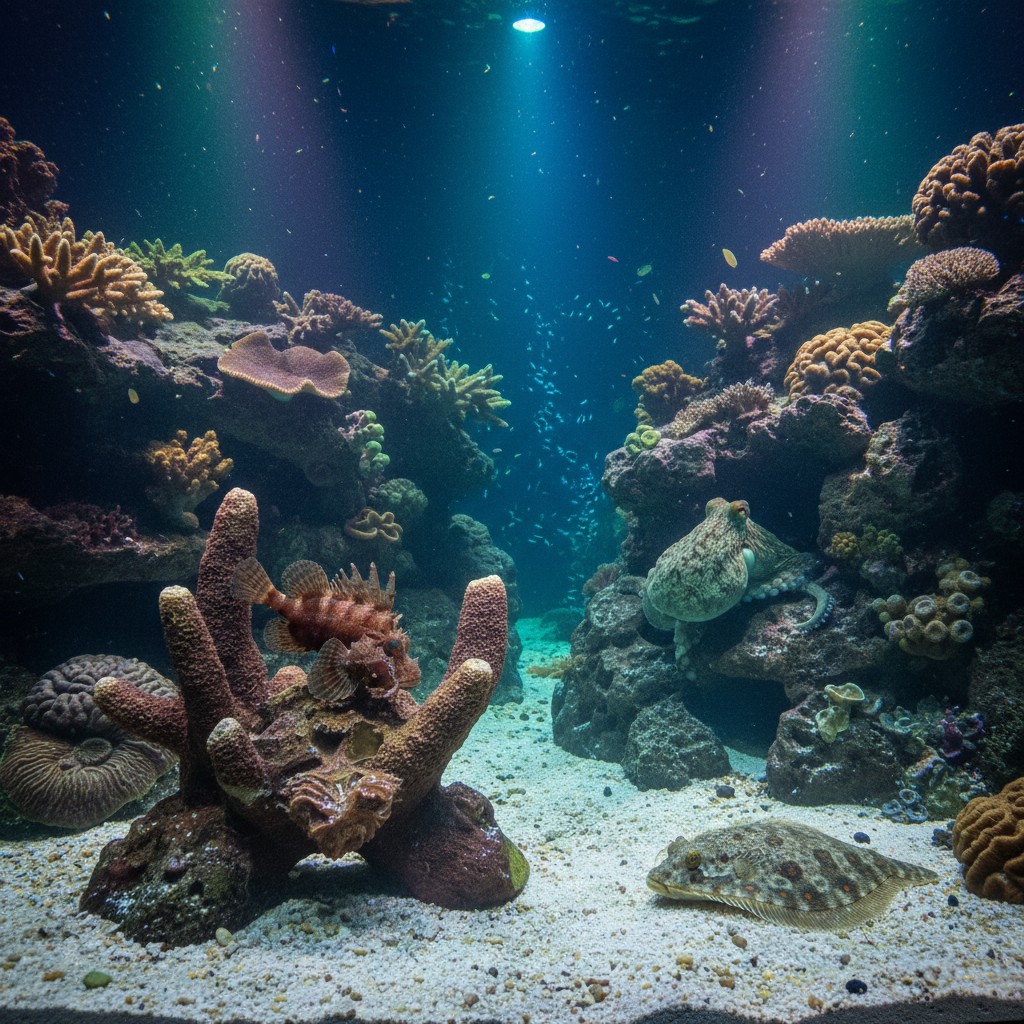 Exhibition poster for 'Florya Akvaryum kamuflaj sanatı' in 2026, showcasing marine creatures masterfully blending into their environments, featuring vibrant corals and a chameleon-like fish.