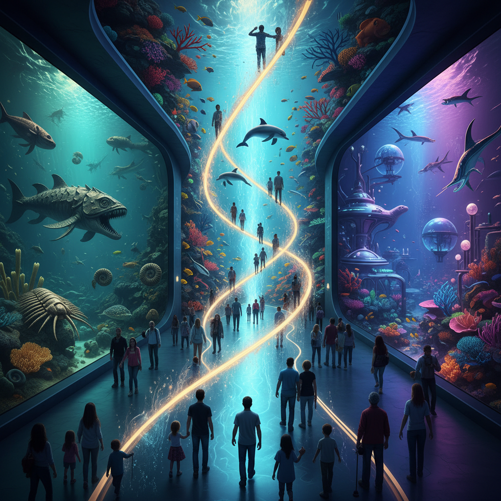 Exhibition poster for Florya Akvaryum's 'Time Travelers' 2026 exhibit, showcasing the evolution of marine life from ancient seas to the future, with a focus on marine evolution.