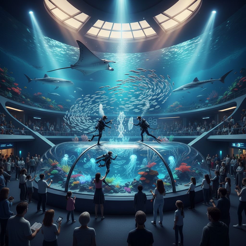 An artistic rendition of a mesmerizing underwater performance at Florya Akvaryum 2026, featuring divers interacting with marine life amidst scientific instruments, illustrating a 'Sualtı Şölenleri' and scientific performance art experience.