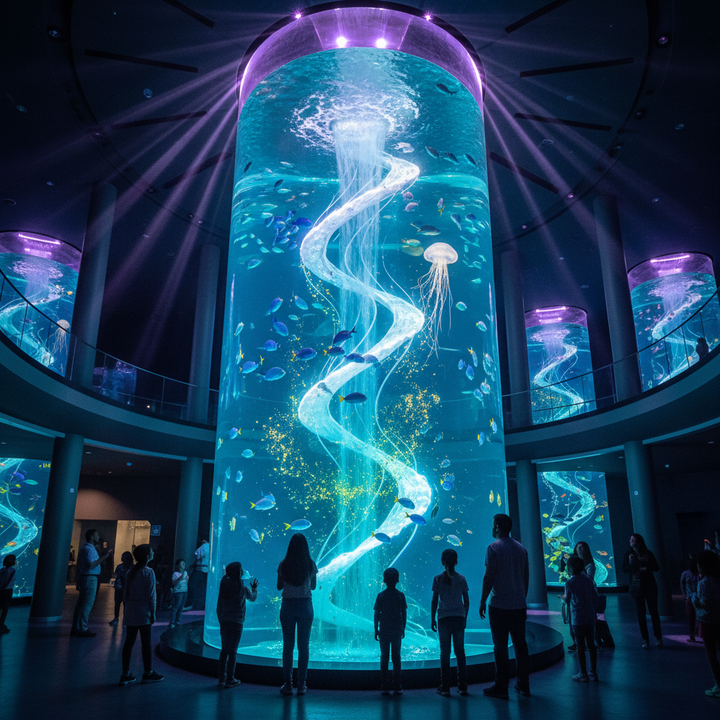 Stunning underwater scene at Florya Akvaryum 2026, showcasing vibrant marine life in an artistic display, with light reflecting off the glass, creating a magical visual experience.