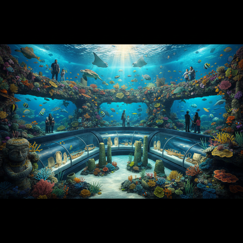 2026 Florya Akvaryum'da Kayıp Pasifik Adaları ve Mikronezya kültürü temalı su altı sergisinde renkli mercanlar ve egzotik balıklar. Florya Akvaryum Pasifik kültürü odaklı bir görsel.