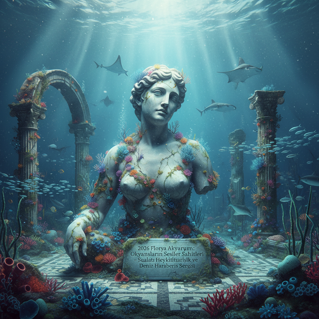 2026 Florya Akvaryum'da sualtı heykeltıraşlık temalı 'Okyanusların Sessiz Şahitleri' sergisinden çarpıcı bir görüntü. Deniz harabeleri ve sanatsal objelerle zenginleştirilmiş akvaryum ortamı. Florya Akvaryum sanatsal sergi 2026.