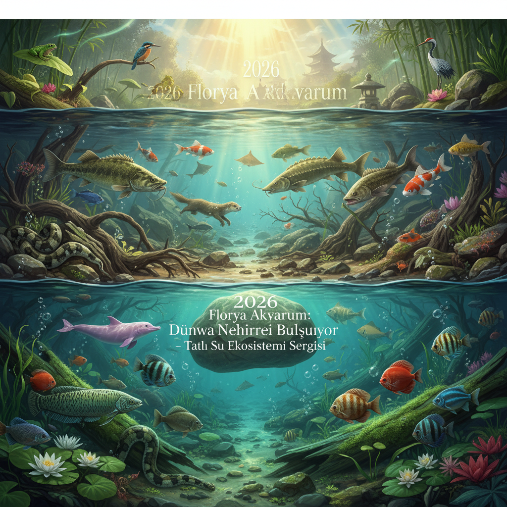 2026 Florya Akvaryum'da Dünya Nehirleri Buluşuyor temalı Tatlı Su Ekosistemleri Sergisi'nden bir kesit. Canlı balıklar ve doğal bitki örtüsüyle zenginleştirilmiş, Florya Akvaryum tatlı su sergisi deneyimini yansıtan net bir görsel.