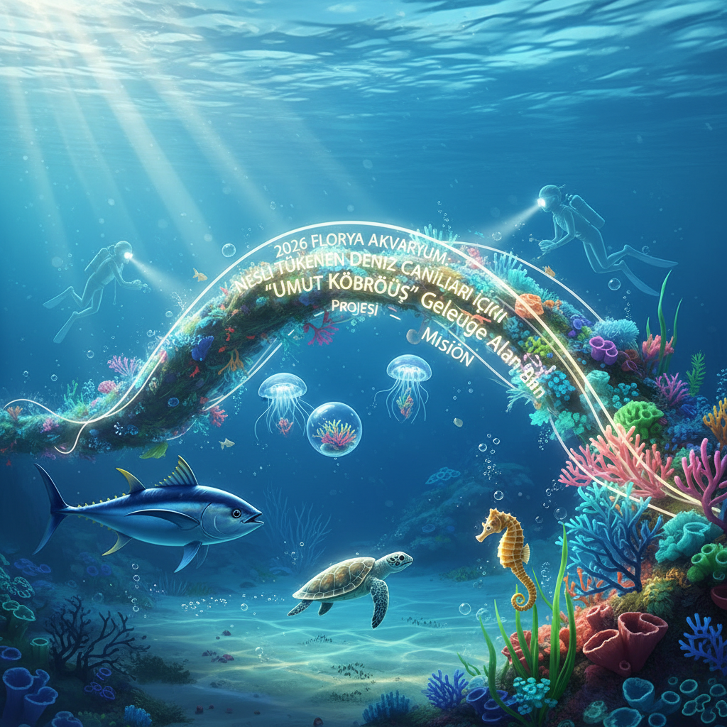 Florya Akvaryum in 2026, showcasing the 'Bridge of Hope' project, an initiative dedicated to the conservation of endangered marine life, emphasizing its vital mission to secure a future for these species and referencing 'Florya Akvaryum nesli tükenen canlılar'.