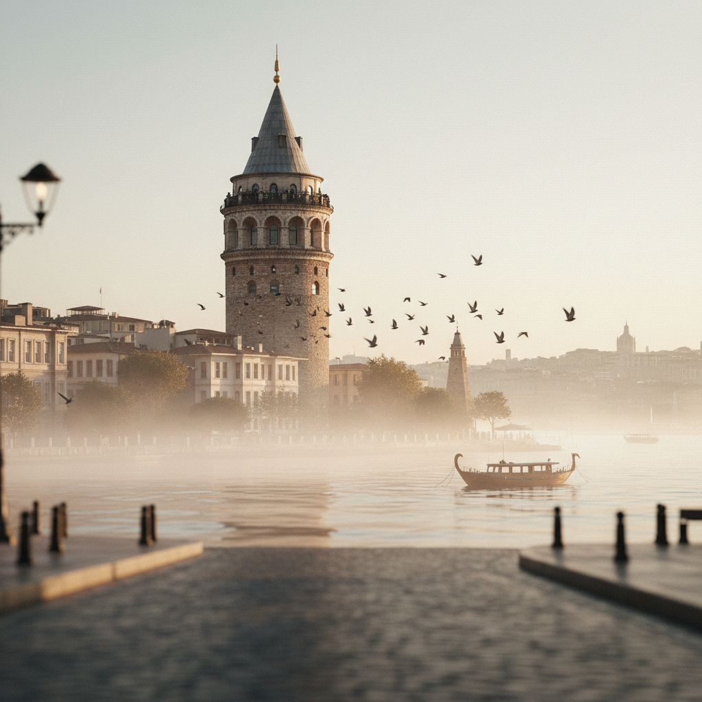 Historic Galata Tower rises majestically against a bustling Istanbul skyline, illuminated at twilight, revealing centuries of untold stories and hidden secrets, inviting exploration beyond its panoramic views.