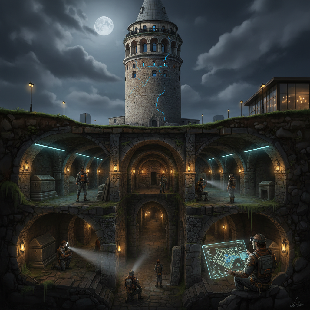 2026 yılında Galata Kulesi'nin altındaki ve çevresindeki keşfedilmeyi bekleyen gizli geçitler, İstanbul'un derin yeraltı tarihini gözler önüne seriyor. Galata Kulesi yeraltı sırları ve kadim şehir efsaneleri görseli.