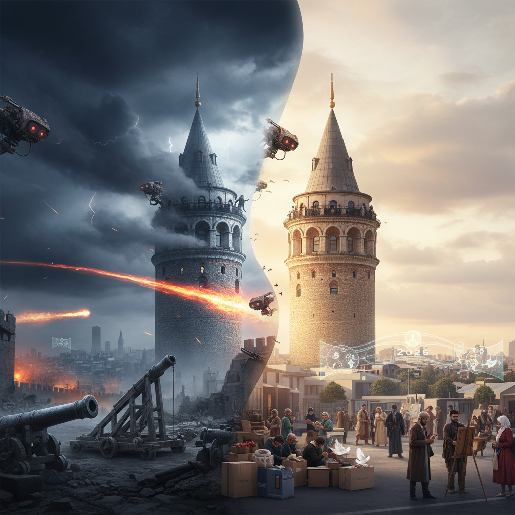 Galata Tower standing tall against a modern Istanbul skyline, symbolizing its historical diplomatic roles and continued presence in 2026. The image evokes a sense of enduring history and strategic importance, perfectly aligning with the 'galata kulesi diplomasi' focus keyword.