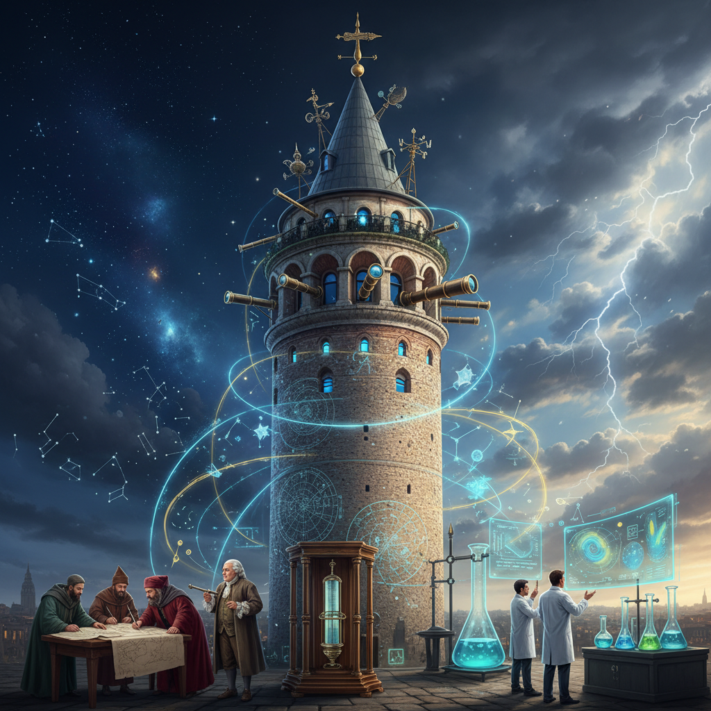 Historic Galata Tower against a blue sky, illustrating its past as a scientific observation point for astronomy, and meteorology, tying into 'Galata Kulesi bilim' in 2026.