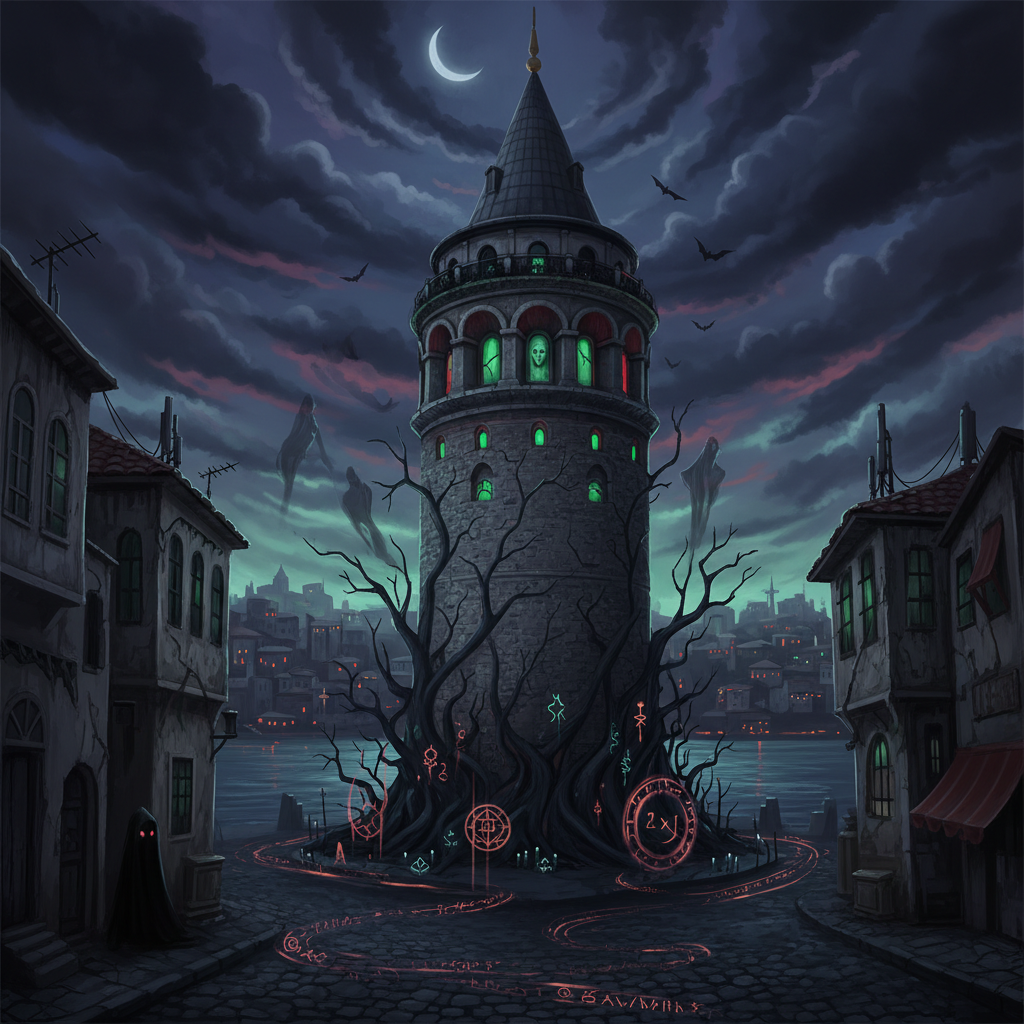 A captivating, dimly lit shot of Galata Tower in Istanbul under a moonlit sky, subtly hinting at its mysterious past and ancient Turkish 'vampire' legends discussed in 2026, relevant to 'galata kulesi efsaneleri'.