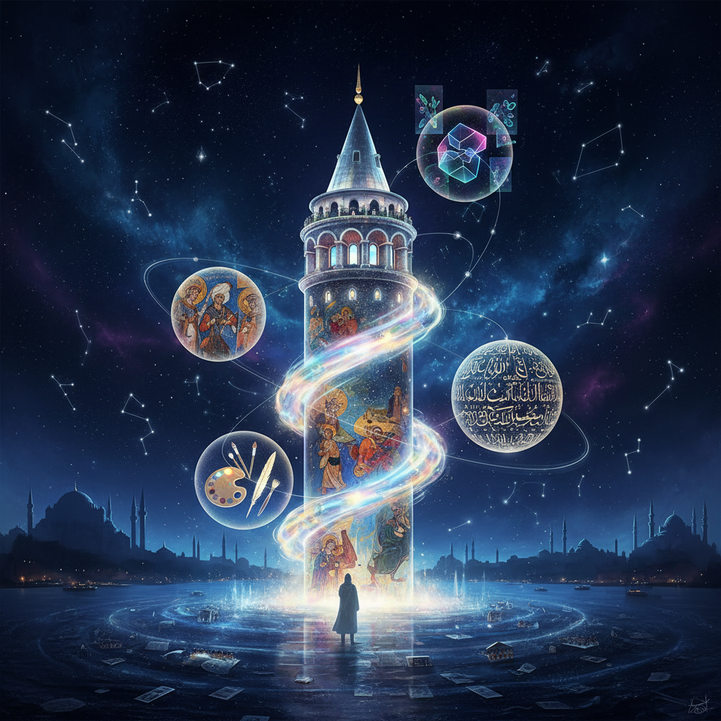 Galata Tower inspiring artists, poets, and contemporary creators in 2026. A majestic view of Galata Kulesi, a historical landmark, as seen through an artist's interpretation, highlighting its influence on art and culture.