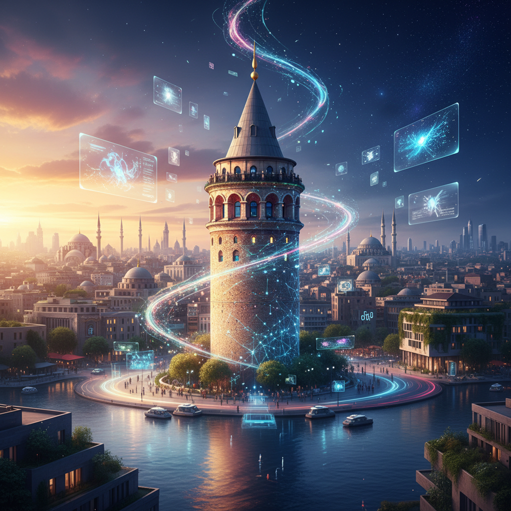 Galata Tower transformed into a vibrant cultural hub in 2026, showcasing digital media art installations and immersive experiences. The image features modern digital projections on the historic stone walls, blending heritage with avant-garde technology. Focused on Galata Kulesi digital sanat.