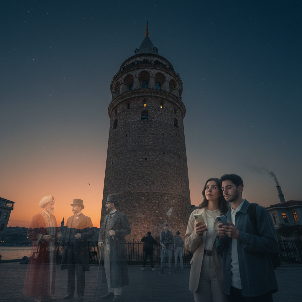 Galata Kulesi insan hikayeleri: 2026 yılına uzanan unutulmuş anılardan, gündelik yaşam kesitlerinden ve duygusal dönemlerden izler taşıyan karakalem çizimi. Tarihi kule manzarası, geçmişin ruhunu yansıtan insan figürleriyle bezeli.