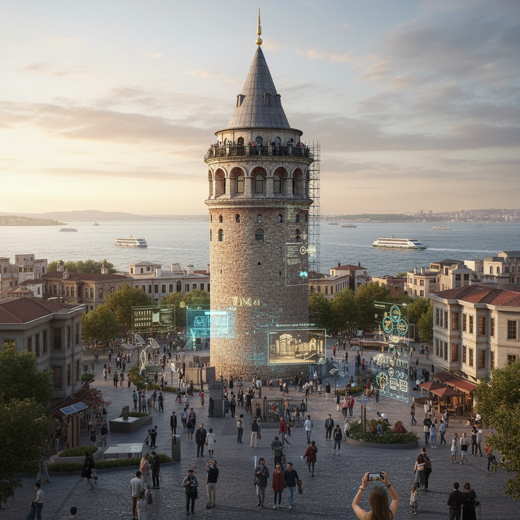 Historic Galata Tower in Istanbul, illuminated at night, symbolizing its journey of preservation and restoration from the past to 2026 as a cultural heritage site, with a focus on galata kulesi restorasyon.