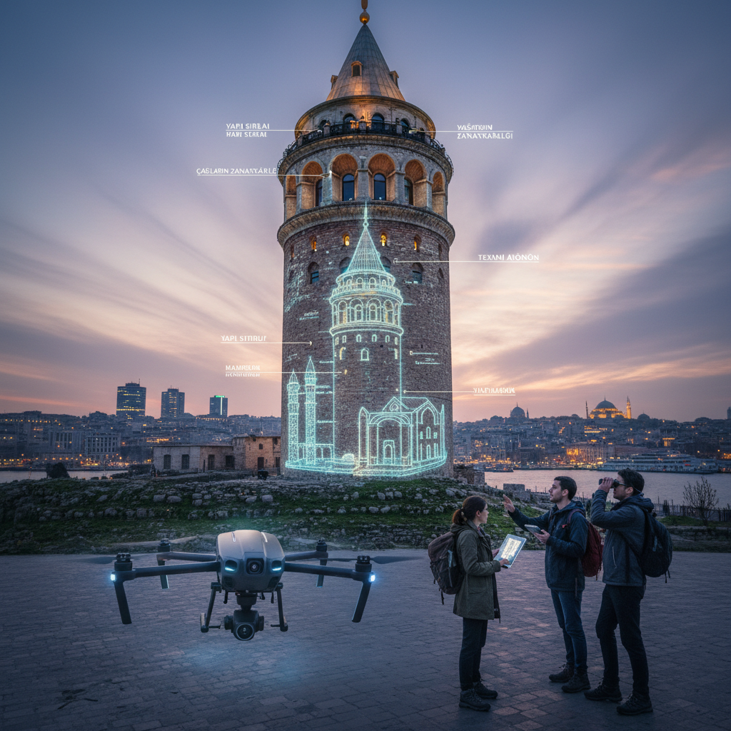 Intricate architectural details of the Galata Tower, showcasing its construction secrets and centuries of artisanal craftsmanship in Istanbul, 2026. Focuses on the unique building techniques and historical stone artistry.