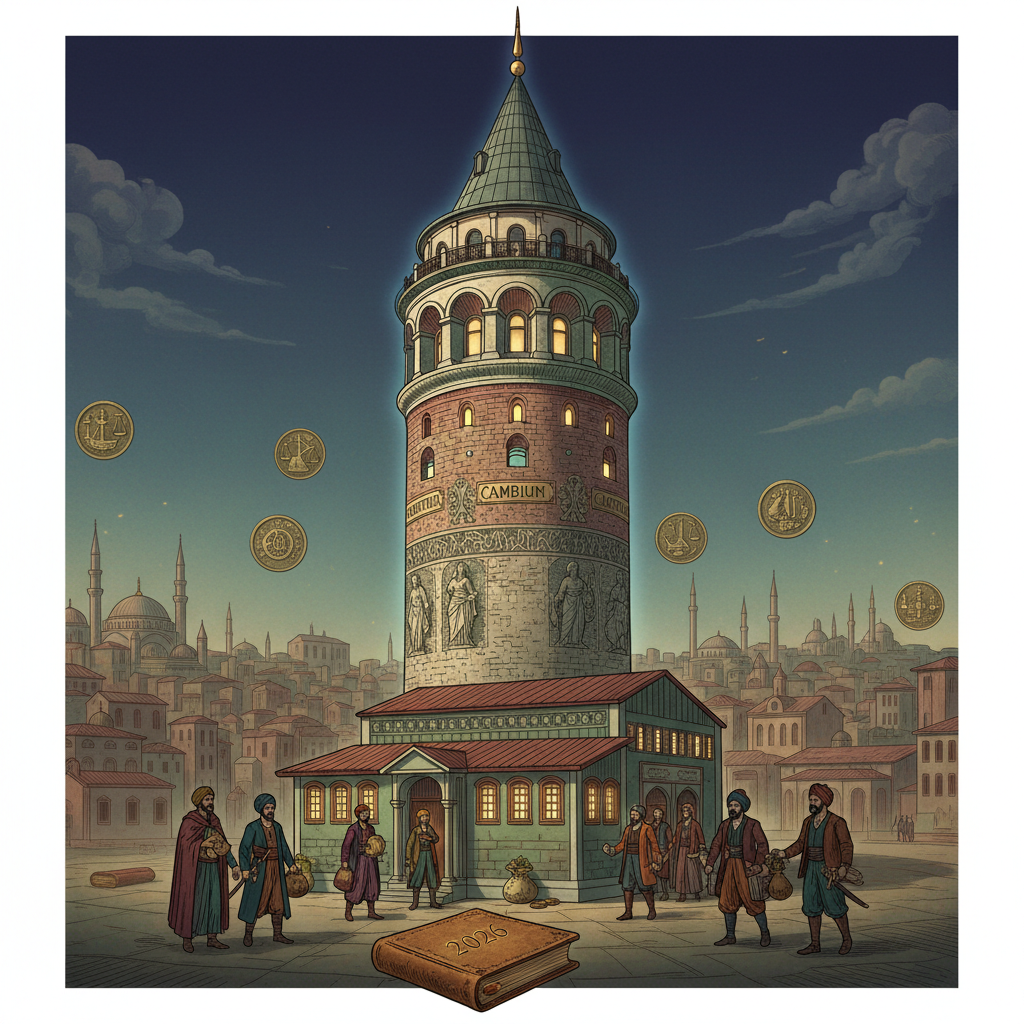 Historic Galata Tower in Istanbul, Turkey, under a clear sky, highlighting its rarely discussed role in finance history, once known as the 'Bankers' Tower, a key landmark in 2026.
