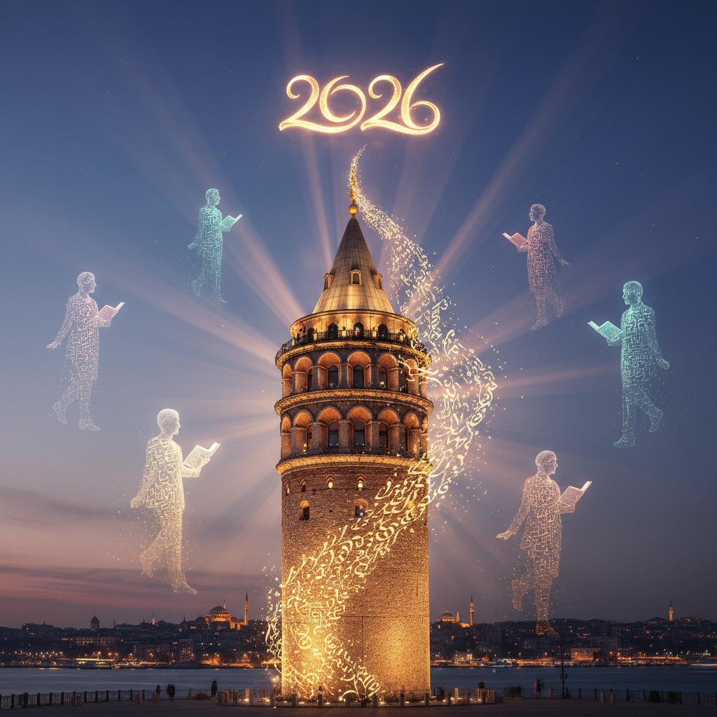 Historic Galata Tower in Istanbul, a literary beacon from past to 2026, casting its shadow over quotes from poets and writers, reflecting its deep connection to Turkish literature and culture, with the keyword 'galata kulesi edebiyat' emphasized.