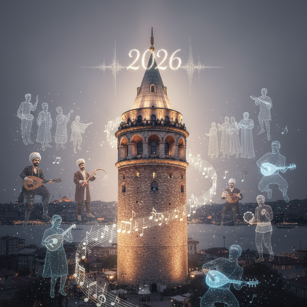 Galata Kulesi’nin panoramik görünümü, gün batımında silüetiyle ışıklar içerisinde yükseliyor. İstanbul’un tarihi dokusuyla birleşen eser, Galata Kulesi müzik tarihi ve 2026 resitali temasını yansıtıyor. Geçmişten gelen seslerin yankılandığı bir akşam.